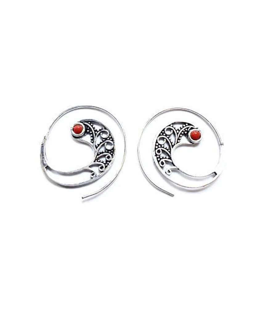 Silver Red Tribal Earrings