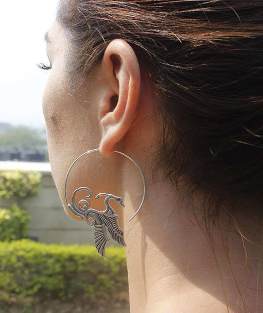 Silver Swan with Wings Statement Earrings