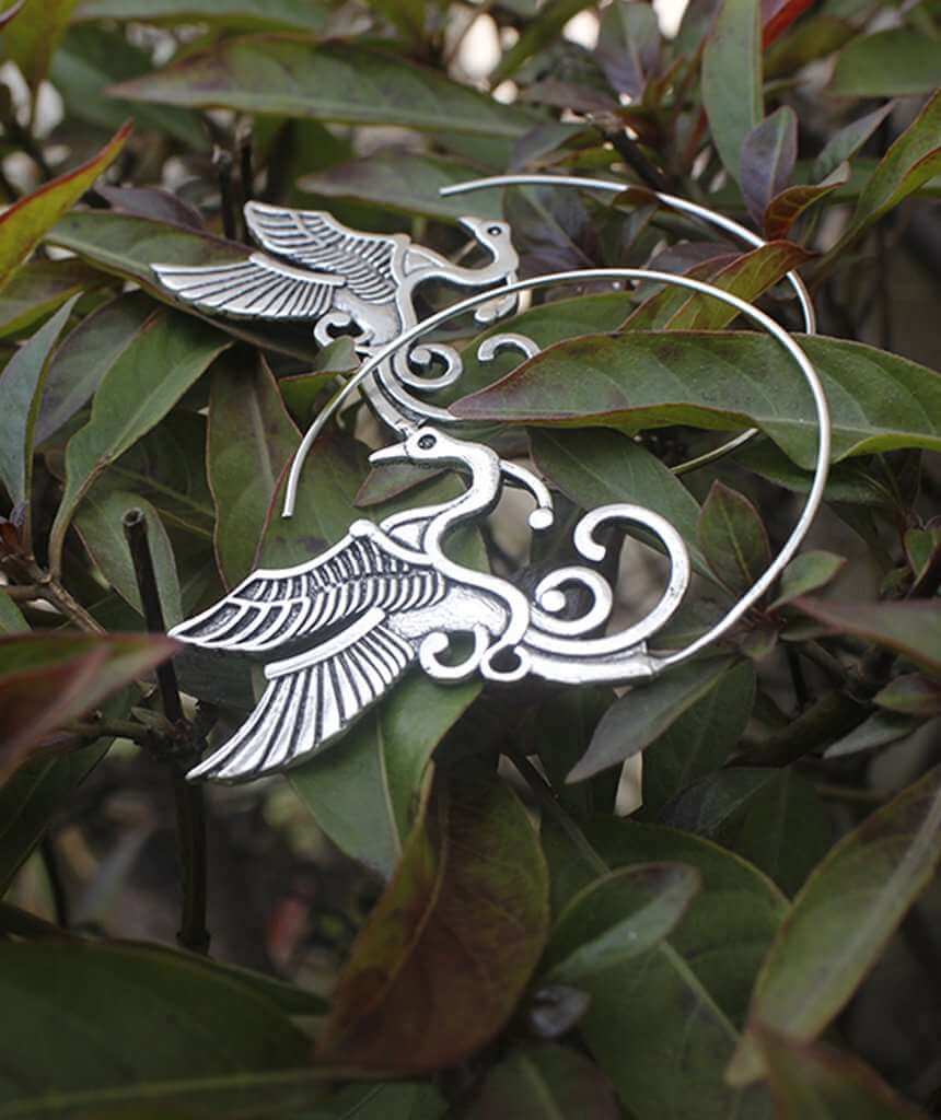 Silver Swan with Wings Statement Earrings