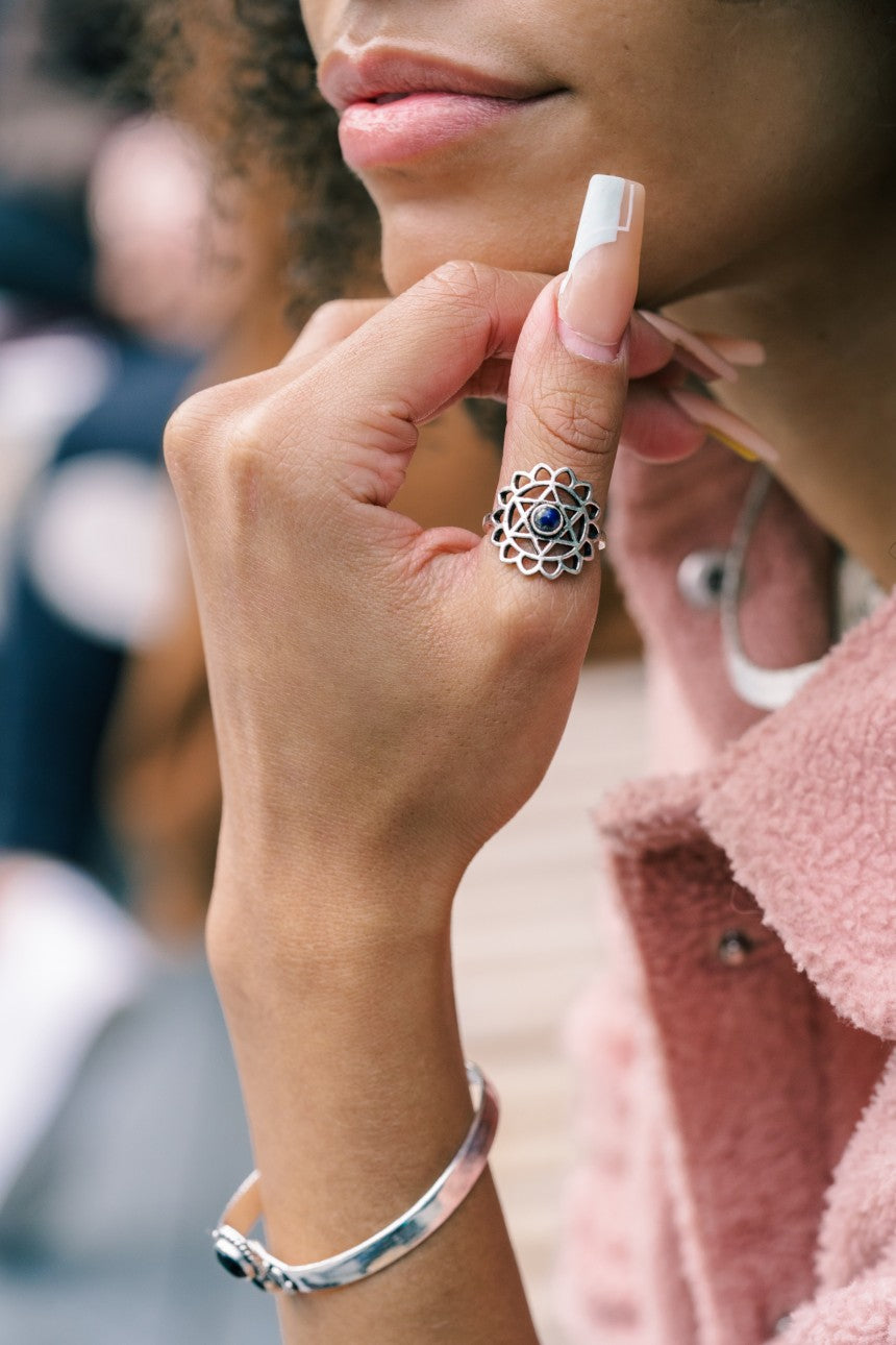 Geometric Flower Ring with Stone