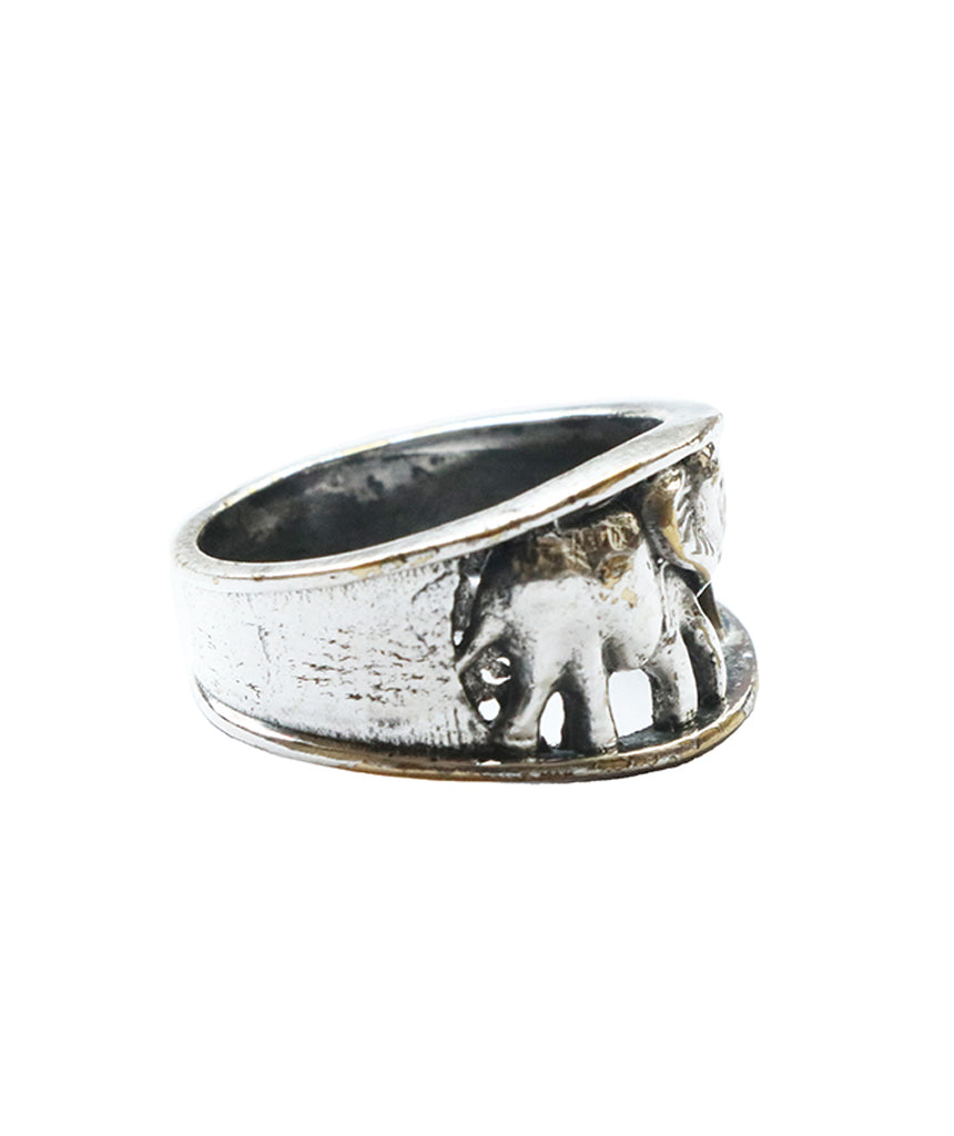 Silver Walking With Elephants Ring