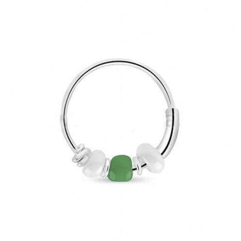 Sterling Silver Hoop With White & Green Beads